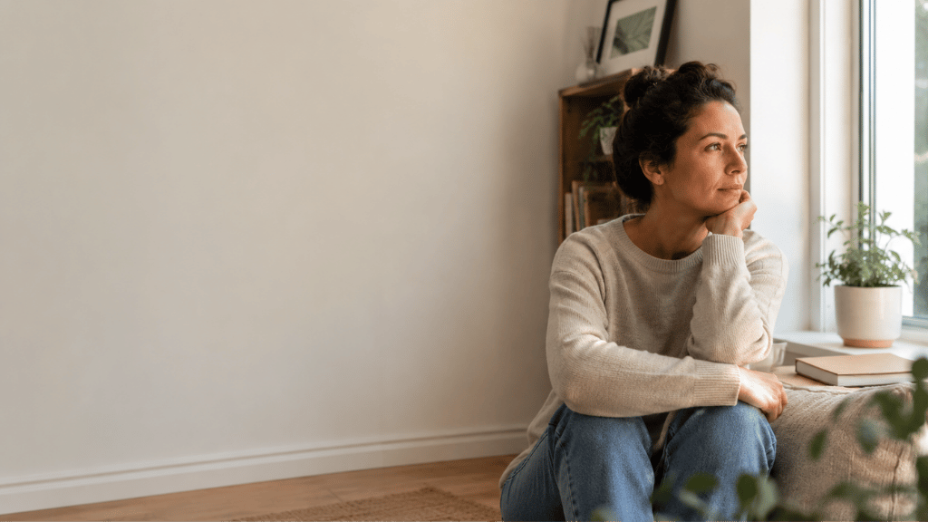 Adult sitting near a window feeling stuck in life and emotionally overwhelmed.